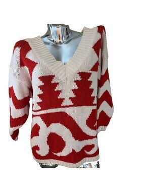Vintage 80s Women's Geometric Sweater Size Small Double V Neck Colorful Artsy